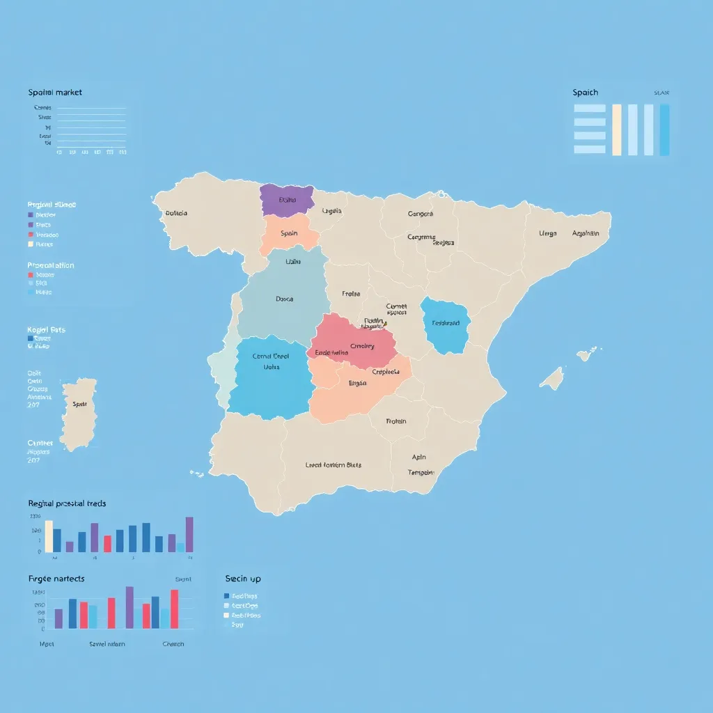Equipo de analistas estudiando el mercado español con mapas regionales y gráficos sectoriales