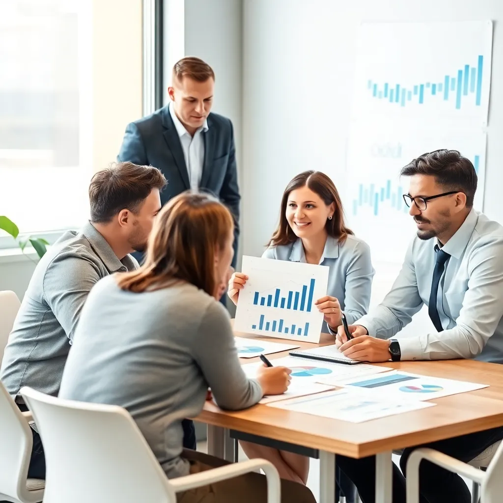 Equipo de consultores en una sesión estratégica analizando datos de crecimiento